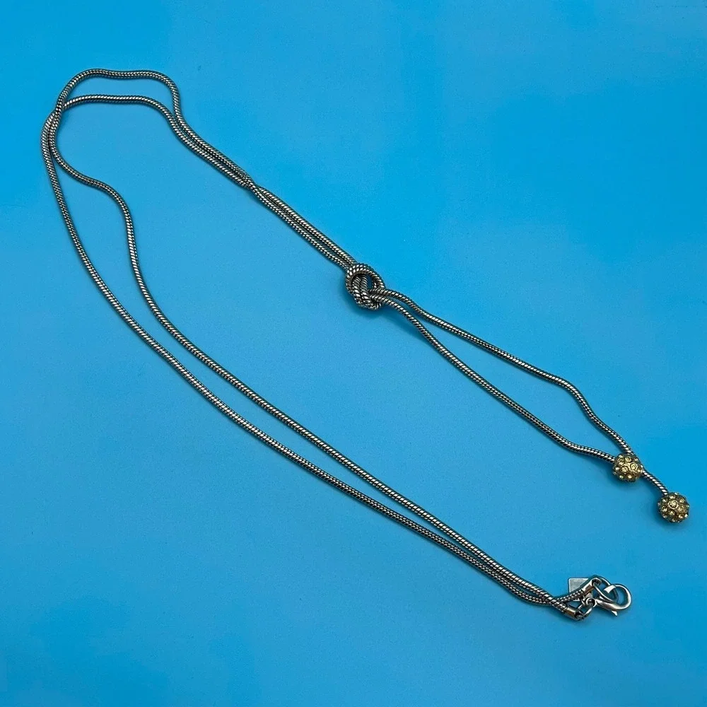 Banana‎ Republic Lariat Necklace Women Silver Tone Knot Pave Ball Snake Chain